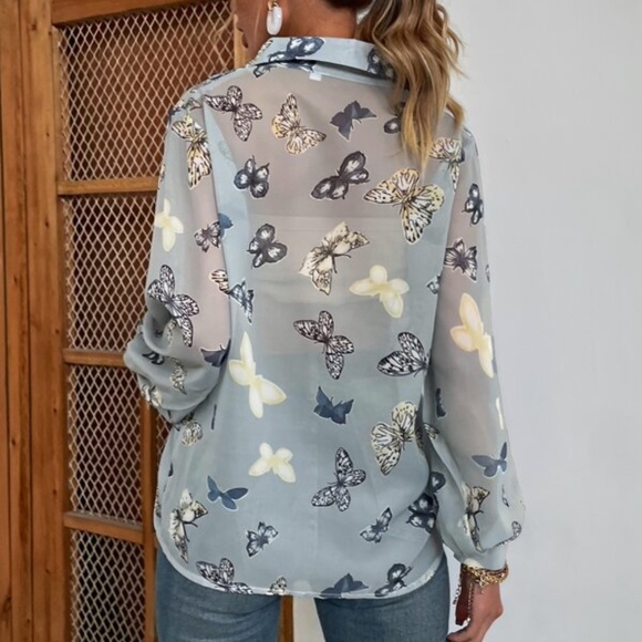Boho Butterfly Print Sheer Button Up Top Work - Picture 4 of 6